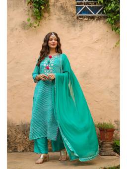 Scakhi - Teal Leheriya Georgette Mirror Embroidered Kurta with Pant and Dupatta