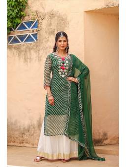 Scakhi - Green Leheriya Mirror Embroidered Kurta with Palazzo and Dupatta
