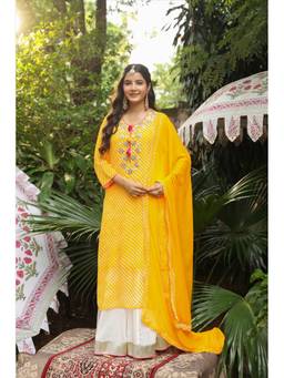 Scakhi - Yellow Leheriya Mirror Embroidered Kurta with Palazzo and Dupatta