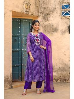 Scakhi - Purple Leheriya Mirror Embroider Anarkali Kurta with Pant and Dupatta