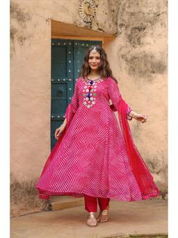 Scakhi - Pink Leheriya Mirror Embroidered Anarkali Kurta with Pant and Dupatta
