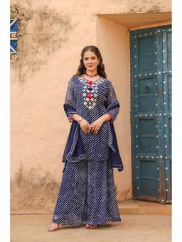 Scakhi - Indigo Leheriya Mirror Embroidered Kurta with Palazzo and Dupatta