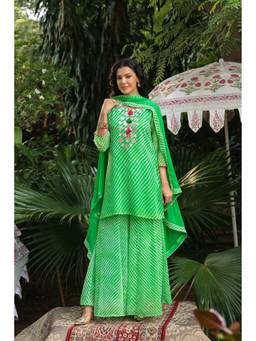 Scakhi - Green Leheriya Mirror Embroidered Kurta with Palazzo and Dupatta