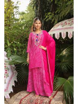 Scakhi - Pink Leheriya Mirror Embroidered Kurta with Palazzo and Dupatta