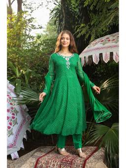 Scakhi - Green Georgette Mirror Work Anarkali Kurta with Pant and Dupatta