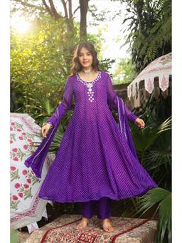 Scakhi - Purple Georgette Mirror Work Anarkali Kurta with Pant and Dupatta