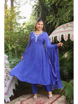 Scakhi - Blue Mothra Georgette Mirror Work Anarkali Kurta with Pant and Dupatta