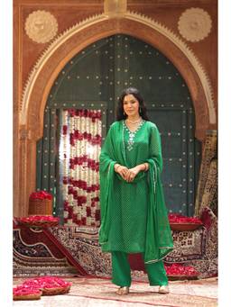 Scakhi - Green Mothra Georgette Mirror Work A-Line Kurta with Pant and Dupatta