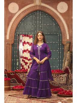 Scakhi - Purple Georgette Mirror Work Tiered Kurta with Sharara and Dupatta