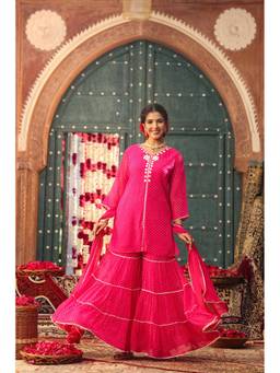 Scakhi - Pink Georgette Mirror Work Tiered Kurta with Sharara and Dupatta
