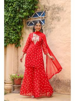 Scakhi - Red Bandhani Georgette Embroidered Kurta with Palazzo and Dupatta