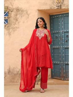 Scakhi - Red Bandhani Embroidered Anarkali Kurta with Salwar and Dupatta