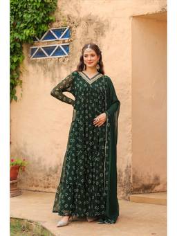 Scakhi - Green Bandhani Georgette Tiered Anarkali Kurta with Pant and Dupatta