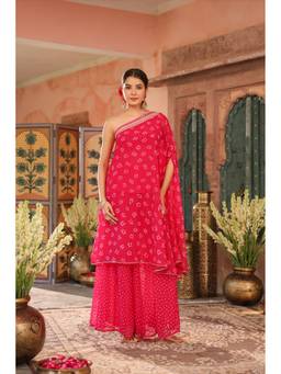 Scakhi - Pink Bandhani Georgette One-Shoulder Tunic and Palazzo