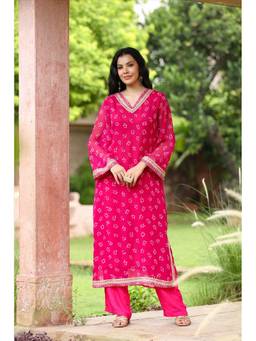 Scakhi - Pink Bandhani Georgette Embroidered Kurta with Pant