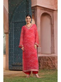 Scakhi - Red Leheriya Georgette Embroidered Kurta with Palazzo