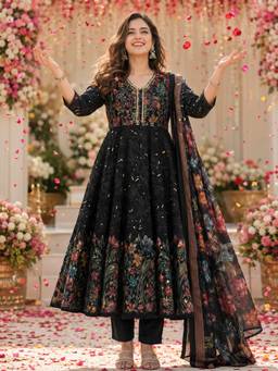 BERRYLICIOUS - Black Chanderiand Floral Printed Anarkali Kurta with Pant and Dupatta