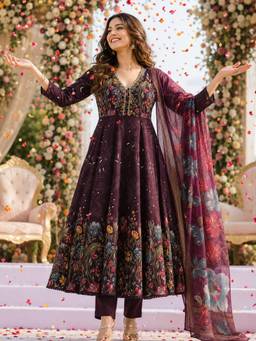BERRYLICIOUS - Wine Chanderiand Floral Printed Anarkali Kurta with Pant and Dupatta