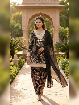 BERRYLICIOUS - Black Cotton Floral Shell Embellished Kurta with Salwar and Dupatta