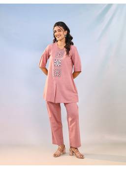 STUDIO MISRI - Dusty Pink Geometric Patch Embroidered Co-Ord