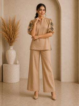 STUDIO MISRI - Beige Embroidered Puff Sleeve Co-Ord