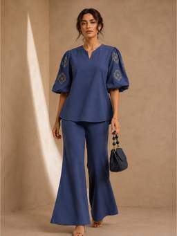 STUDIO MISRI - Navy Blue Embroidered Puff Sleeve Co-Ord