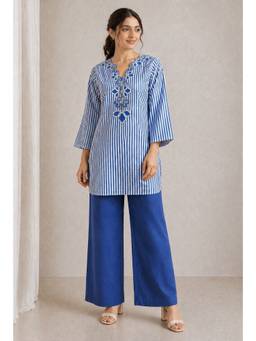 STUDIO MISRI - Blue and White Striped Embroidered Co-Ord