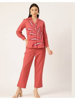 STUDIO MISRI - Rust Leaf Embroidered Shirt and Wide-Leg Pant Co-Ord
