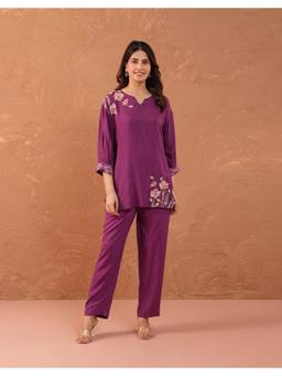 STUDIO MISRI - Plum Purple Floral Embroidered Kurta and Straight-Pant Co-Ord
