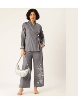 STUDIO MISRI - Grey Floral Embroidered Wrap Co-Ord