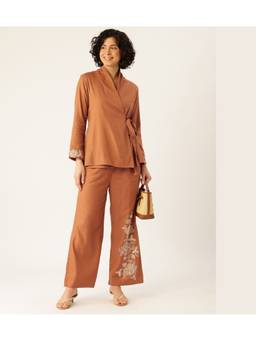 STUDIO MISRI - Rust Floral Embroidered Wrap Co-Ord