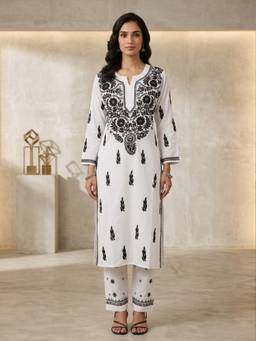PARAMOUNT CHIKAN - White Women Hand Embroidered Chikankari Modal Kurta with Palazzo