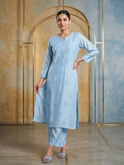 PARAMOUNT CHIKAN - Blue Women Hand Embroidered Chikankari Muslin Kurta with Palazzo