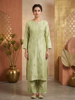 PARAMOUNT CHIKAN - Olive Women Hand Embroidered Chikankari Muslin Kurta with Palazzo