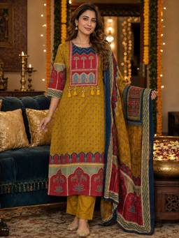 BERRYLICIOUS - Mustard Cotton Printed Embroidered Kurta with Pant and Dupatta