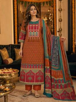 BERRYLICIOUS - Orange Cotton Printed and Bead Embroidered Kurta with Pant and Dupatta