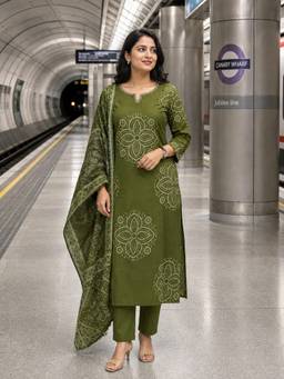 BERRYLICIOUS - Cotton Olive Bandhani Printed Kurta with Pant and Dupatta