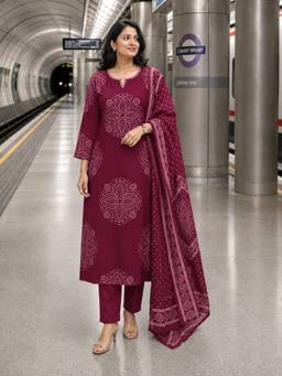 BERRYLICIOUS - Cotton Maroon Bandhani Printed Kurta with Pant and Dupatta