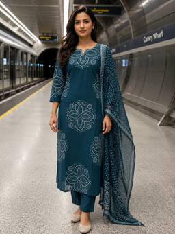 BERRYLICIOUS - Cotton Teal Bandhani Printed Kurta with Pant and Dupatta