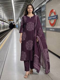 BERRYLICIOUS - Cotton Wine Bandhani Printed Kurta with Pant and Dupatta