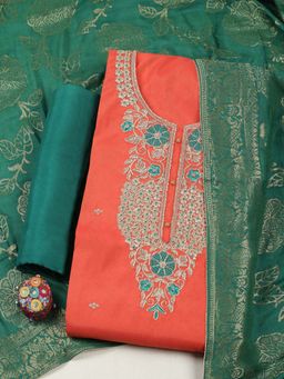 MEENA BAZAAR - Orange Embroidered Unstitched Kurta with Unstitched Bottom and Dupatta