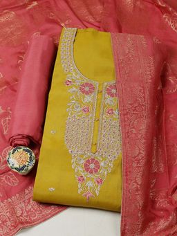 MEENA BAZAAR - Mustard Embroidered Unstitched Kurta with Unstitched Bottom and Dupatta