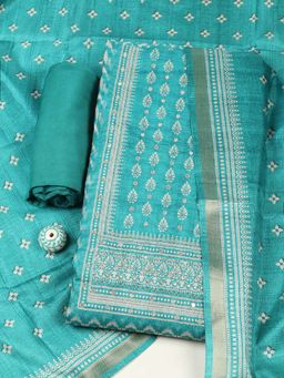 MEENA BAZAAR - Turquoise Printed Unstitched Kurta with Unstitched Bottom and Dupatta