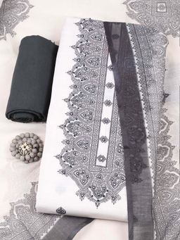 MEENA BAZAAR - Black-White Printed Unstitched Kurta with Unstitched Bottom and Dupatta
