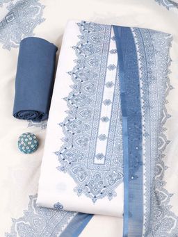 MEENA BAZAAR - Blue-White Printed Unstitched Kurta with Unstitched Bottom and Dupatta