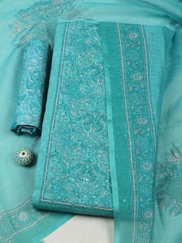 MEENA BAZAAR - Sea Green Printed Unstitched Kurta with Unstitched Bottom and Dupatta