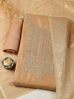 MEENA BAZAAR - Beige Embroidered Unstitched Kurta with Unstitched Bottom and Dupatta