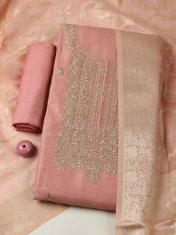 MEENA BAZAAR - Pink Embroidered Unstitched Kurta with Unstitched Bottom and Dupatta