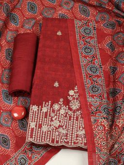 MEENA BAZAAR - Maroon Embroidered Unstitched Kurta with Unstitched Bottom and Dupatta