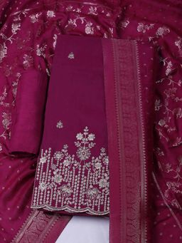 MEENA BAZAAR - Wine Embroidered Unstitched Kurta with Unstitched Bottom and Dupatta